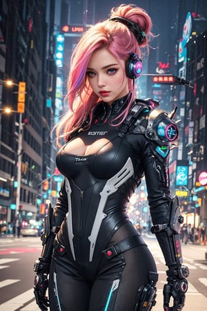 busty and sexy girl, rainbow hair, neon highlights, hair buns, long_ponytail, night, 8k, masterpiece, ultra-realistic, best quality, high resolution, high definition,The character’s outfit is a futuristic body forming jumpsuit made of leather. The intricate detailing on the clothing has a cyberpunk feel with various gadgets and neon lights. She is wearing headphones, and her hands are pressed against the side of her head as she listens to music. the background is a futuristic city sidewalk