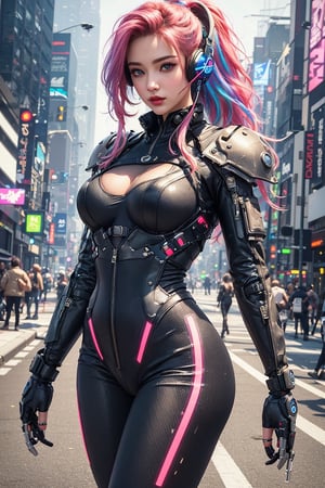 busty and sexy girl, rainbow hair, neon highlights, braids, long_ponytail, 8k, masterpiece, ultra-realistic, best quality, high resolution, high definition,The character’s outfit is a futuristic body forming jumpsuit made of leather. The intricate detailing on the clothing has a cyberpunk feel with various gadgets and neon lights. She is wearing headphones, and her hands are pressed against the side of her head as she listens to music. the background is a futuristic city sidewalk