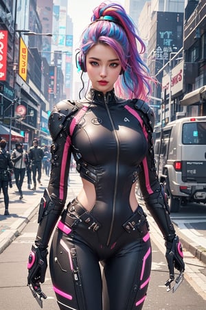 busty and sexy girl, rainbow hair, neon highlights, braids, long_ponytail, 8k, masterpiece, ultra-realistic, best quality, high resolution, high definition,The character’s outfit is a futuristic body forming jumpsuit made of leather. The intricate detailing on the clothing has a cyberpunk feel with various gadgets and neon lights. She is wearing headphones, and her hands are pressed against the headphones as she listens to music. the background is a futuristic city sidewalk