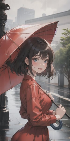 Woman, red dress, rainy day, transparent umbrella, smiling face 