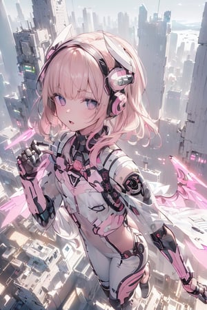 (((Girl in pink and white high-tech bodysuit flying over future city:1.6))), (future city:1.5)), visor, headgear,brown hair, twin tails, perfect pretty face, (small mechanical wings:1.5)), must piece, super detailed CG, super detailed,fine- textured, 8K wallpaper, (perfect female figure:1.6), (brown clear eyes), mechanical wings,masterpiece