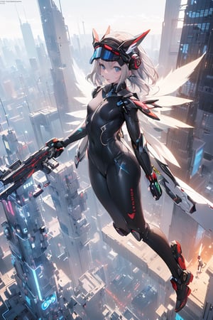 (((Girl in high-tech bodysuit flying over future city:1.5))), (future city:1.5)), visor, headgear, (small mecha wings:1.5)), mast piece, super detailed CG, super detailed details, 8K wallpaper, (perfect female figure:1.5)) ,,wrenchsmechs,masterpiece,1 girl