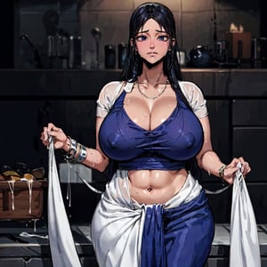 ultra realistic 8k cg, picture-perfect face, flawless, clean, masterpiece, professional artwork, famous artwork, cinematic lighting, cinematic bloom, perfect face, beautiful face, (huge boobs:1.4, camel toe), (skindentation), thick thighs, wide hips, narrow waist, deep cleavage, beautiful clothes, black sari, silver lace, lace trim, indian, very long hair, (rich:1.4), prestige, luxury, jewelry, intricate detail, delicate pattern, seductive, erotic, enchanting, hair ornament, necklace, earrings, bracelet, armlet, looking at viewer, full body view, hinata\(shippuden\), Saree, ( white silk COLOR saree), realistic, drying her wet hair with a towel,wet body:1.4, cooking in kitchen, sweating, sweat Dowling on her body,Saree