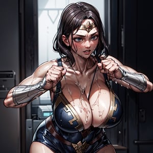 wonder woman,very short buzzed pixie haircut,buzzcu t, fighting pose, nice perfect face with soft skin,nice per fect face, concept art by greg rutkowski, artgerm, hyper detailed intricately detailed art trending on artstation tri adic colors, fantastical, intricate detail, splash screen, c omplementary colors, fantasy concept art, 8k resolutio n, deviantart masterpiece, realistic, huge flashy boobs, juicy wet body, sweating, wet hair, transparent clothing. 