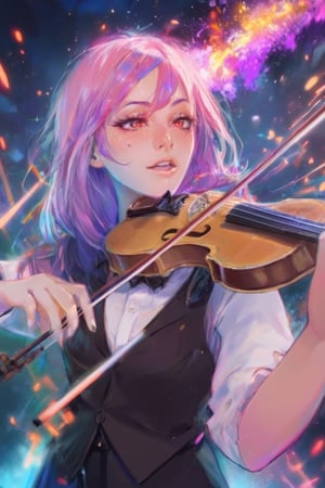 Magical violinist girl wearing a suit. Concert background with explosive magic and vibrant colors. Highest quality score_9 with insane details and an anime style.