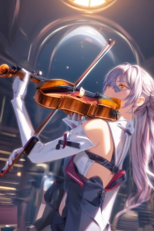 Magical violinist girl wearing a suit. Highest quality score_9 with insane details and an anime style.
