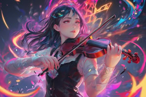 Magical violinist girl wearing a sharp black suit. Concert background with musical runic magic and vibrant colors. Highest quality score_9 with insane details and a sharp anime style.