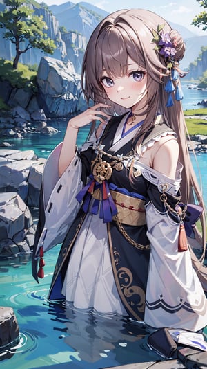 Masterpiece, intricate details, extremely detailed,  natural lighting, perfect face BREAK upper body, 1girl, solo, Herta, cute, petite, standing, (japanese haori:1.3), offshoulder, long sleeves, long hair, blush, light smile, small breasts, grey eyes, looking at viewer, BREAK nature, grassy plains, river stream, rocks,