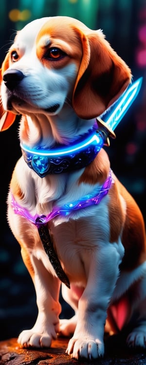 Generate a [blue] glow silhouette sketch of [beagle puppy] with a sword in his mouth in a nightscape, in the style of tenebrism mastery, bold outline,  unreal engine 5, double lines, energy-charged, luminous pointillism, made of neon lights, BREAK
(best quality, masterpiece, top quality, highres, 8K, official art, beautiful and aesthetic:1.2), sharp focus, realistic detailed, 
