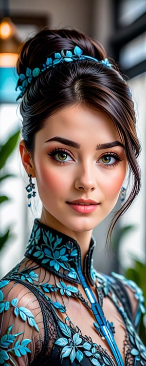(best quality, masterpiece, ultra detailed, 8K, RAW photo), absurdres, 
a beautiful young woman drawing robot design in art studio, detailed brown eyes, well defined eyelashes, flowy long black pixie hair, kind smile, lipgloss, expressive realisitc charcoal gray blouse with azure botanical patterns,bliss,joyful,
depth of field, natural light,