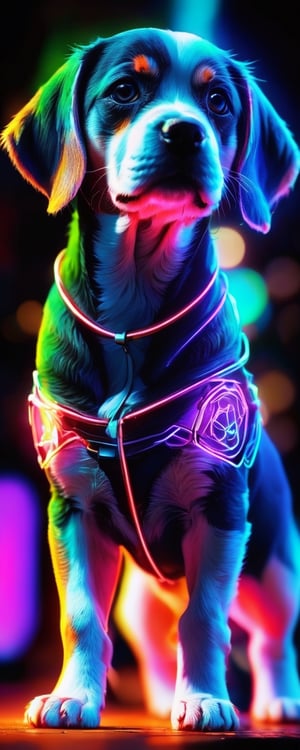 a [blue] glow [beagle puppy] silhouette sketch in a nightscape, in the style of tenebrism mastery, bold outline,  unreal engine 5, double lines, energy-charged, luminous pointillism, made of neon lights,