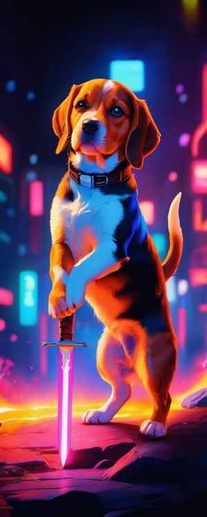 Generate a [blue] glow silhouette in a nightscape sketch of [beagle puppy] holding a sword in his mouth, in the style of tenebrism mastery, bold outline,  unreal engine 5, double lines, energy-charged, luminous pointillism, made of neon lights, BREAK
(best quality, masterpiece, top quality, highres, 8K, official art, beautiful and aesthetic:1.2), sharp focus, realistic detailed, 