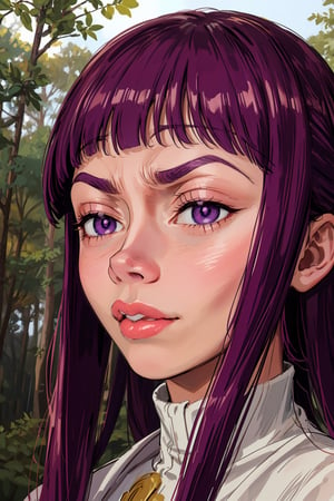 
fern, long hair, bangs, (purple eyes:1.1), purple hair, sidelocks, blunt bangs, forest,
((waoschad, jawline, cheekbones, facial_expression, raised eyebrow, big lips,)) upper body, portrait, (closed_mouth), looking_at_viewer, parted_lips