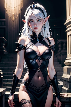 Masterpiece, 

colors, 

high definition, 

splash art, 

3/4 body,
White Hair,
Pointy Ears,
Tiara,
bioluminsecent glowing dress,
fantasy dress,
bare shoulders, 
pelvic curtain,
cleavage,

sin, 

lust, 

a beautiful woman, 

sharp focus,

dynamic lighting, 

unreal engine, 

detailed and complex environment, 

complex , 

sophisticated, 

beautiful, 

double exposure, 

exquisite, 

breathtaking, 

real, 

highly detailed, 

hyper-detailed , 

complex, 

8K, 

photographic super realistic masterpiece 8K 