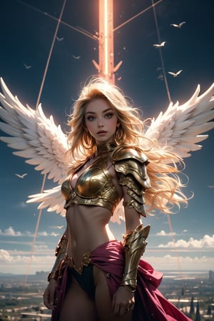 best quality, from front, a girl, looks at viewer, flying hair, fantasy landscape on background, cinematic, best quality, (looks at viewer:1.3), (blonde:1.1), beautiful face, medium flying hair,  angel halo, angel wings, fantasy landscape on background, best quality, from front, a girl, medium breast, bra, angel wings, fantasy landscape on background, bikini_armor, 
