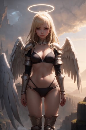best quality, from front, a girl, looks at viewer, flying hair, fantasy landscape on background, cinematic, best quality, (looks at viewer:1.3), (blonde:1.1), beautiful face, medium flying hair,  angel halo, angel wings, fantasy landscape on background, best quality, from front, a girl, medium breast, bra, angel wings, fantasy landscape on background, bikini_armor, mechanical legs, 