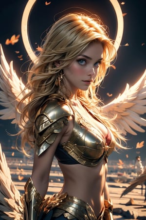 best quality, from front, a girl, looks at viewer, flying hair, fantasy landscape on background, cinematic, best quality, (looks at viewer:1.3), (blonde:1.1), beautiful face, medium flying hair,  angel halo, angel wings, fantasy landscape on background, best quality, from front, a girl, medium breast, bra, angel wings, fantasy landscape on background, bikini_armor, 