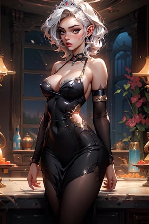 Masterpiece, 

colors, 

high definition, 

splash art, 

3/4 body,
White Hair,
Pointy Ears,
Tiara,
bioluminsecent glowing dress,
fantasy dress,
bare shoulders, 
pelvic curtain,
cleavage,

sin, 

lust, 

a beautiful woman, 

sharp focus,

dynamic lighting, 

unreal engine, 

detailed and complex environment, 

complex , 

sophisticated, 

beautiful, 

double exposure, 

exquisite, 

breathtaking, 

real, 

highly detailed, 

hyper-detailed , 

complex, 

8K, 

photographic super realistic masterpiece 8K 