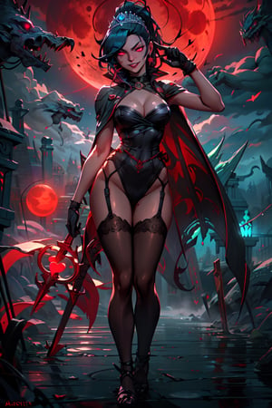 ((dark)), epic fantasy 8k,solo, ((tiki fe)), 1girl, Masterpiece, absurdres, best quality, ultra detailed, intricate details, ((glowing eyes)), (looking at viewer), evil smile, evil grin, abyss Magic, runes, standing, casting spell,  , dress, ribbon, tiara, short dress, side slit, panties, red gloves, cape, red dress, garter straps, cleavage, mist, moonlight,apocalypse, ominous red sky filled with swirling dark clouds, glowing runes, full body, night, night sky, blood moon, red moon, dark, evil, epic, trending on ART station, standing, Green hair, ponytail,