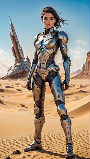 1girl((dune style)), full body Portrait of a female cyborg in a dramatic pose, background Desert 
 with a ((crashed spaceship)) emitting smoke, perfect detailed eyes, athletic body, intricate facial details, highly detailed, line ink illustration,highly detailed,  ink sketch,ink Draw,Comic Book-Style 2d,2d, pastel colors