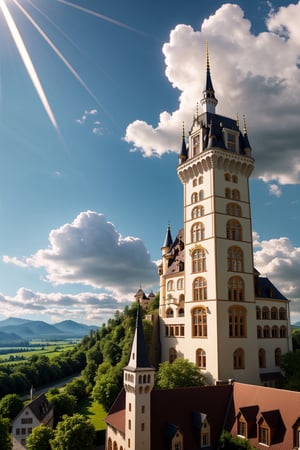 hyper realistic, Schloss Neuschwanstein: Dit 19e-eeuwse paleis in Romantische stijl ligt in Beieren en wordt beschouwd als de inspiratie voor het kasteel van Assepoester.(Masterpiece, highest quality: 1.1), aerial view, breeze, Summer, morning, sunshine, clouds, calm, fresh air, depth of field
,Nature,Realism,photorealistic