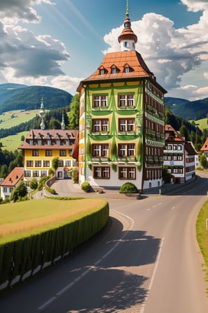 hyper realistic, (((Romantic Road: This is a picturesque road that connects the historical towns and scenic spots of Bavaria and Baden-Württemberg.)))(Masterpiece, highest quality: 1.1), aerial view, breeze, Summer, morning, sunshine, clouds, calm, fresh air, depth of field,Realism,photorealistic