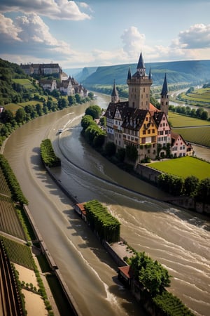 hyper realistic, (((Rhine Valley: The famous Rhine River flows through this area and its banks are dotted with medieval castles, vineyards and charming towns.)))(Masterpiece, highest quality: 1.1), aerial view, breeze, Summer, morning, sunshine, clouds, calm, fresh air, depth of field,Realism,photorealistic