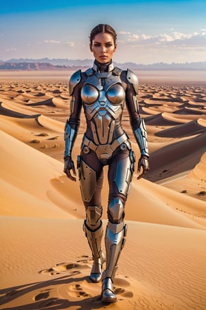 1girl((dune style)), full body Portrait of a female cyborg in a dramatic pose, background Desert 
