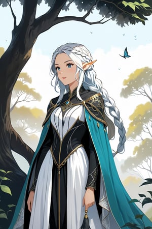 (masterpiece, high quality, 8K, high_res), ((ink and pencil drawning style)), solo, 
flat illustration, ultra detailed, perfect merge fantasy setting and fantasy character, realistic drawning style, fantasy elements. surreal, incredibly beautiful elven woman, elf ears, soft white hair, long braid hairstyle, elven cloths, royal cloths, completely detailed, standing under a tree and waiting for someone, forest background, organic interaction with the environment, looking away, Leonardo Style, portraitart