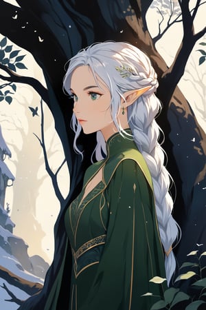 (masterpiece, high quality, 8K, high_res), ((ink and pencil drawning style)),
flat illustration, ultra detailed, perfect merge fantasy setting and fantasy character, fantasy elements. surreal, incredibly beautiful elven woman, elf ears, soft white hair, long braid hairstyle, completely detailed, standing under a tree and waiting for someone, organic interaction with the environment, looking away, Flat vector art, Leonardo Style, portraitart