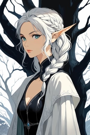 (masterpiece, high quality, 8K, high_res), ((ink and pencil drawning style)), solo, 
flat illustration, ultra detailed, perfect merge fantasy setting and fantasy character, realistic drawning style, fantasy elements. surreal, incredibly beautiful elven woman, elf ears, soft white hair, long braid hairstyle, elven cloths, royal cloths, completely detailed, standing under a tree and waiting for someone, organic interaction with the environment, looking at the viewer, Flat vector art, Leonardo Style, portraitart