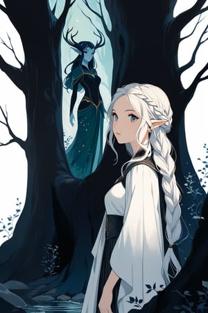(masterpiece, high quality, 8K, high_res), ((ink and pencil drawning style)),
flat illustration, ultra detailed, perfect merge fantasy setting and fantasy character, fantasy elements. surreal, incredibly beautiful elven woman, elf ears, soft white hair, long braid hairstyle, completely detailed, standing under a tree and waiting for someone, organic interaction with the environment, looking away, Flat vector art, Leonardo Style, portraitart