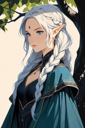 (masterpiece, high quality, 8K, high_res), ((ink and pencil drawning style)), solo, 
flat illustration, ultra detailed, perfect merge fantasy setting and fantasy character, realistic drawning style, fantasy elements. surreal, incredibly beautiful elven woman, elf ears, soft white hair, long braid hairstyle, elven cloths, royal cloths, completely detailed, standing under a tree and waiting for someone, organic interaction with the environment, looking away, Flat vector art, Leonardo Style, portraitart