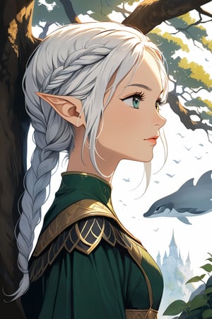 (masterpiece, high quality, 8K, high_res), ((ink and pencil drawning style)), solo, 
flat illustration, ultra detailed, perfect merge fantasy setting and fantasy character, realistic drawning style, fantasy elements. surreal, incredibly beautiful elven woman, elf ears, soft white hair, long braid hairstyle, completely detailed, standing under a tree and waiting for someone, organic interaction with the environment, looking away, Flat vector art, Leonardo Style, portraitart