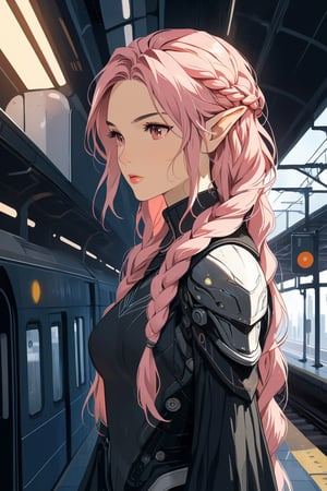 (masterpiece, high quality, 8K, high_res), ((ink and pencil drawning style)),
flat illustration, ultra detailed, perfect merge cyberpunk setting and fantasy character, realistic drawning style, scifi elements. surreal, incredibly beautiful elven woman, elf ears, soft pink hair, long braid hairstyle, completely detailed, standing on subway platform and waiting train, organic interaction with the environment, looking away, Flat vector art, Leonardo Style, portraitart