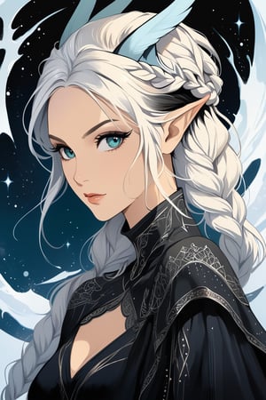 (masterpiece, high quality, 8K, high_res), ((ink and pencil drawning style)),
flat illustration, ultra detailed, perfect merge fantasy setting and fantasy character, realistic drawning style, fantasy elements. surreal, incredibly beautiful elven woman, elven cloths, elf ears, soft white hair, long braid hairstyle, completely detailed, standing, organic interaction with the environment, looking at the viewer, Flat vector art, Leonardo Style, portraitart