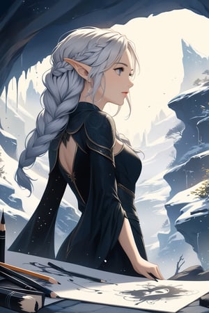 (masterpiece, high quality, 8K, high_res), ((ink and pencil drawning style)),
flat illustration, ultra detailed, perfect merge fantasy setting and fantasy character, realistic drawning style, fantasy elements. surreal, incredibly beautiful elven woman, elf ears, soft white hair, long braid hairstyle, completely detailed, standing, organic interaction with the environment, looking away, Flat vector art, Leonardo Style, portraitart