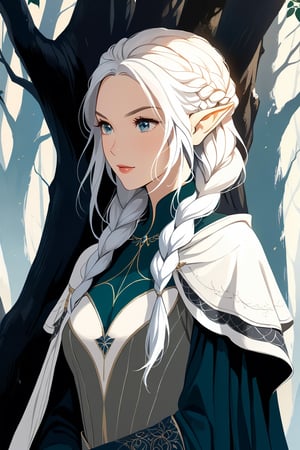(masterpiece, high quality, 8K, high_res), ((ink and pencil drawning style)), solo, 
flat illustration, ultra detailed, perfect merge fantasy setting and fantasy character, realistic drawning style, fantasy elements. surreal, incredibly beautiful elven woman, elf ears, soft white hair, long braid hairstyle, elven cloths, royal cloths, completely detailed, standing under a tree and waiting for someone, forest background, organic interaction with the environment, looking away, Leonardo Style, portraitart