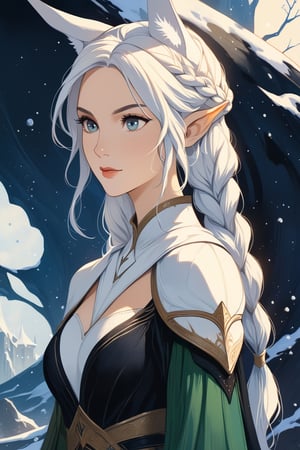 (masterpiece, high quality, 8K, high_res), ((ink and pencil drawning style)),
flat illustration, ultra detailed, perfect merge fantasy setting and fantasy character, realistic drawning style, fantasy elements. surreal, incredibly beautiful elven woman, elf ears, soft white hair, long braid hairstyle, completely detailed, standing, organic interaction with the environment, looking away, Flat vector art, Leonardo Style, portraitart
