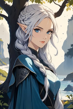 (masterpiece, high quality, 8K, high_res), ((ink and pencil drawning style)), solo, 
flat illustration, ultra detailed, perfect merge fantasy setting and fantasy character, realistic drawning style, fantasy elements. surreal, incredibly beautiful elven woman, elf ears, soft white hair, long braid hairstyle, elven cloths, royal cloths, completely detailed, standing under a tree and waiting for someone, organic interaction with the environment, looking at the viewer, Flat vector art, Leonardo Style, portraitart