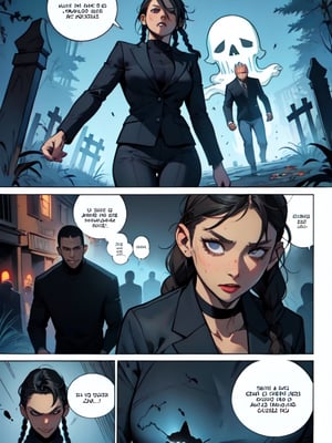 (Exquisite picture), (High detail), Nicole is a 35-year-old woman with black hair, braids, a tight-fitting all-black suit, and a slim waist. Nicole has super powers. Nicole fights ghosts. The location is a cemetery. She Ghosts and zombies floating behind, movie atmosphere, comics