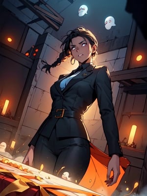 (Exquisite picture), (High details), Nicole is a 35-year-old female, with black hair, braided hair, close-fitting black suit, thin waist, Nicole has super powers, Nicole's hands emit golden light, the background is a scary space, the location is a funeral parlor, behind her Floating ghosts, zombies behind you, movie atmosphere,manga