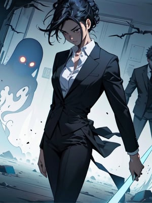 [Exquisite picture] Female, close-fitting black suit, thin waist, scary space, funeral parlor, floating ghosts, zombies, movie atmosphere,manga