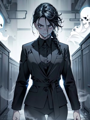 (Exquisite picture), (High details), Nicole is a 35-year-old female, with black hair, braided hair, close-fitting black suit, thin waist, Nicole has super powers, Nicole's hands emit golden light, the background is a scary space, the location is a funeral parlor, behind her Floating ghosts, zombies behind you, movie atmosphere