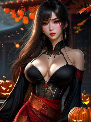 ((holloween black witcher clothes:1.2)),pelvic curtain, ((1 girl)), (solo),(big breasts:1.1),super high resolution,best quality,Photos,4k,(Realistic:1.2), sexy, bangs, standing, legs apart,confident,expressive eyes,long flowing hair,(grogeous red qipao dress with high slit:1.1),revealing neckline,(ample cleavage:1.2),slender waist,long legs,(thigh-high socks:1.3),((holloween background)), perfect body, perfect fingers,