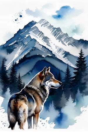 Double exposure of a wolf and a mountain, natural scenery, watercolor