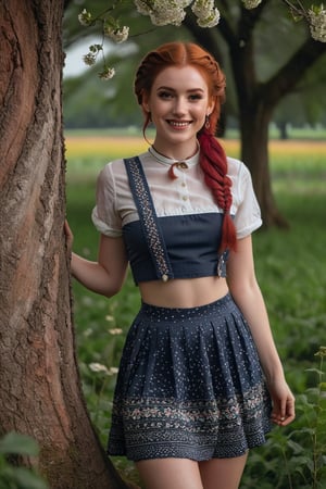 masterpiece, best quality, gorgeous pale american cute girl, smiling, (crop top), red hair loose braided hair, short polca skirt, lean against a tree, field, flowers smiling, perfectly symmetrical face, detailed skin, elegant, alluring, attractive, amazing photograph, masterpiece, best quality, 8K, high quality, photorealistic, realism, art photography, Nikon D850, 16k, sharp focus, masterpiece, breathtaking, atmospheric perspective, diffusion, pore correlation, skin imperfections, DSLR, 80mm Sigma f2, depth of field, intricate natural lighting, looking at camera