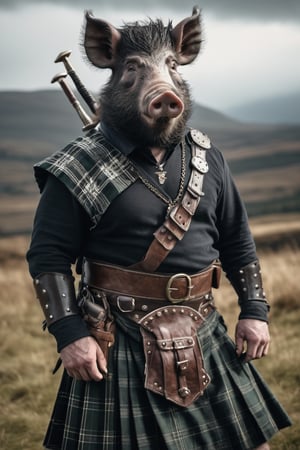 cinematic RAW photo of an anthro boar man wearing a scottish kilt and clansman clothing, large tusks, fearsome warrior | Scottish Highlands background | Natural Light, | high definition, super detailed, High contrast, defined blacks, silk, luxurious, elegant, decorative, symmetrical, ornate, expression of feelings, imaginative, highly detailed,anthro