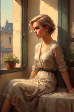 seductive female pixie sitting at the window with (golden light:1.1), it is Cleaning an apartment, Grace Kelly  in the style of ilya kuvshinov, dramatic lighting, fantasy, intricate, elegant, highly detailed, lifelike, photorealistic, digital painting, bokeh, HDR, high resolution, artstation, concept art, smooth, sharp focus, art by Krenz Cushart and Albert Aublet