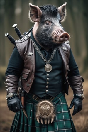 cinematic RAW photo of an anthro boar man wearing a scottish kilt and clansman clothing | Natural Light, | high definition, super detailed, High contrast, defined blacks, silk, luxurious, elegant, decorative, symmetrical, ornate, expression of feelings, imaginative, highly detailed,anthro